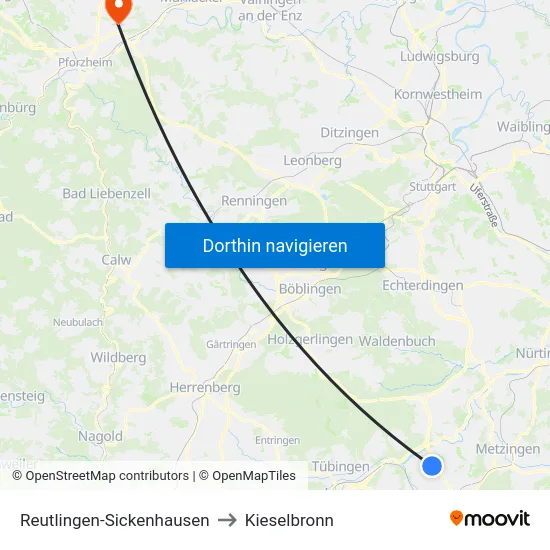 Reutlingen-Sickenhausen to Kieselbronn map