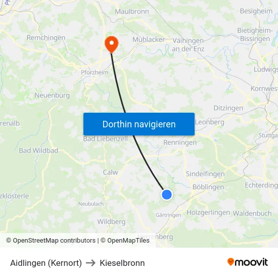 Aidlingen (Kernort) to Kieselbronn map