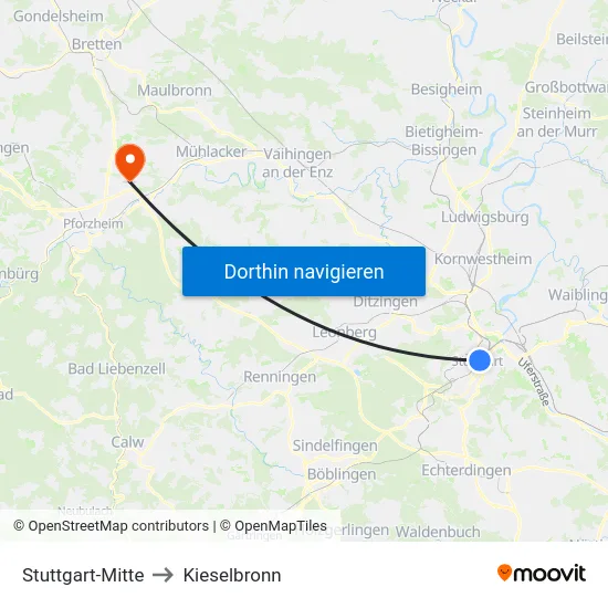 Stuttgart-Mitte to Kieselbronn map