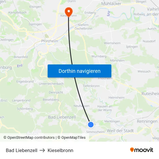 Bad Liebenzell to Kieselbronn map