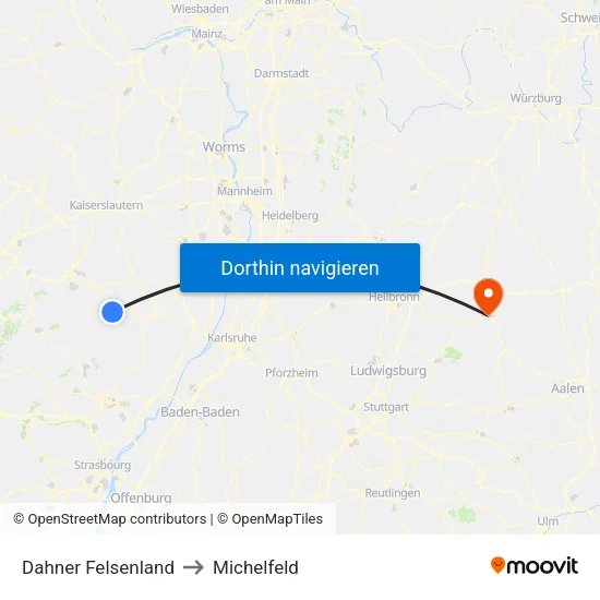 Dahner Felsenland to Michelfeld map