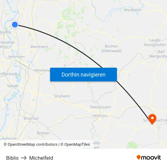 Biblis to Michelfeld map