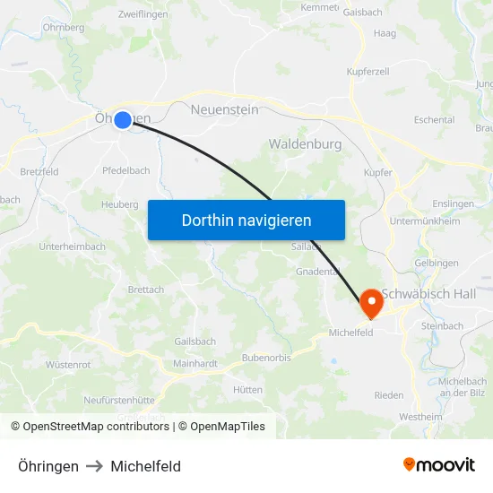 Öhringen to Michelfeld map