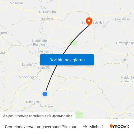 Gemeindeverwaltungsverband Pliezhausen to Michelfeld map