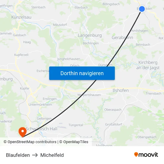 Blaufelden to Michelfeld map