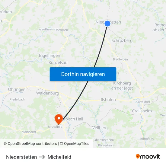 Niederstetten to Michelfeld map