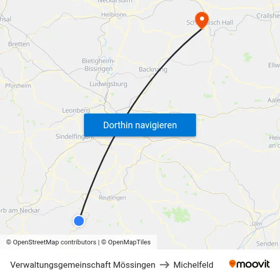Verwaltungsgemeinschaft Mössingen to Michelfeld map