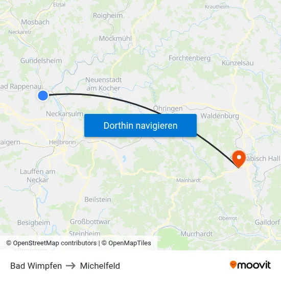 Bad Wimpfen to Michelfeld map