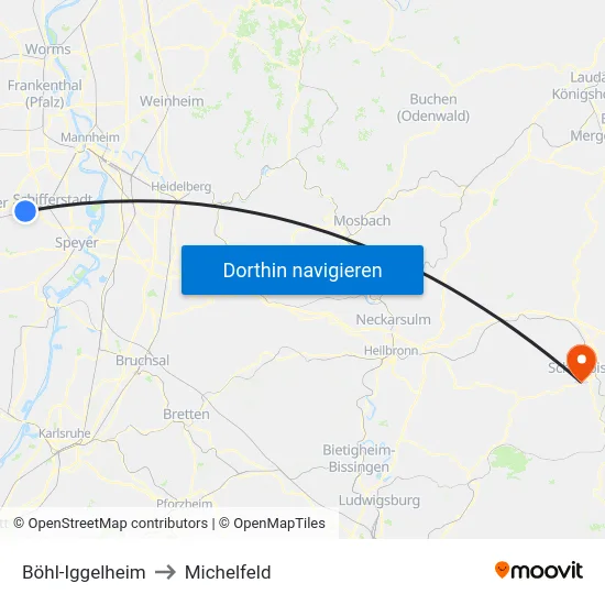Böhl-Iggelheim to Michelfeld map