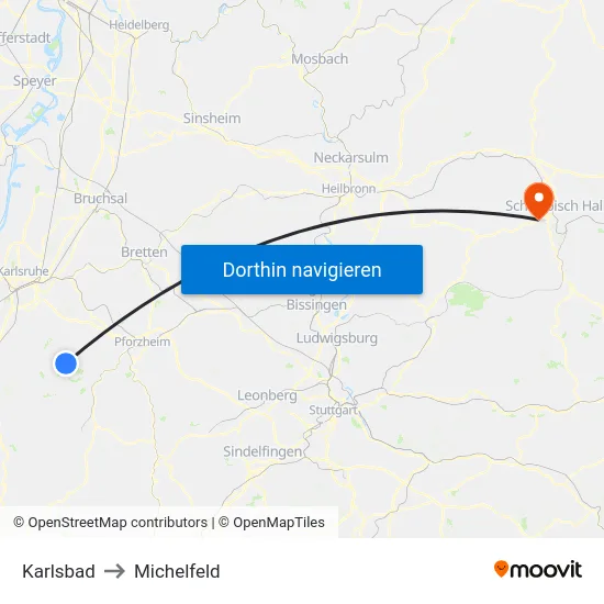Karlsbad to Michelfeld map