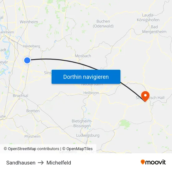 Sandhausen to Michelfeld map