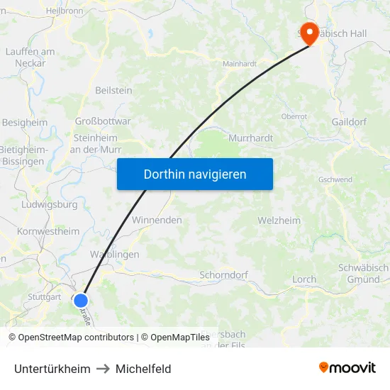 Untertürkheim to Michelfeld map