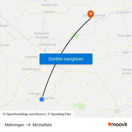 Mähringen to Michelfeld map