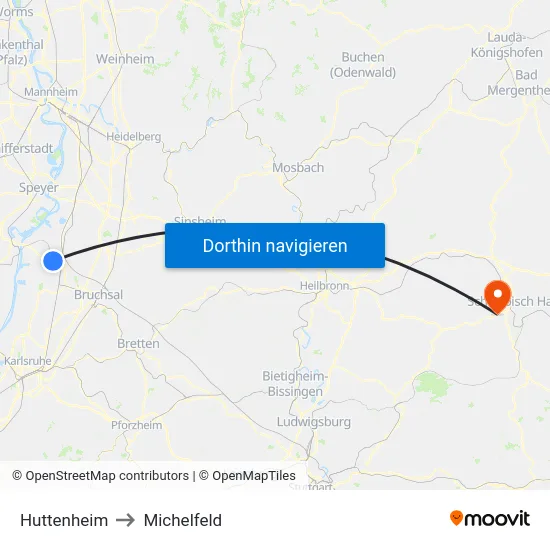 Huttenheim to Michelfeld map
