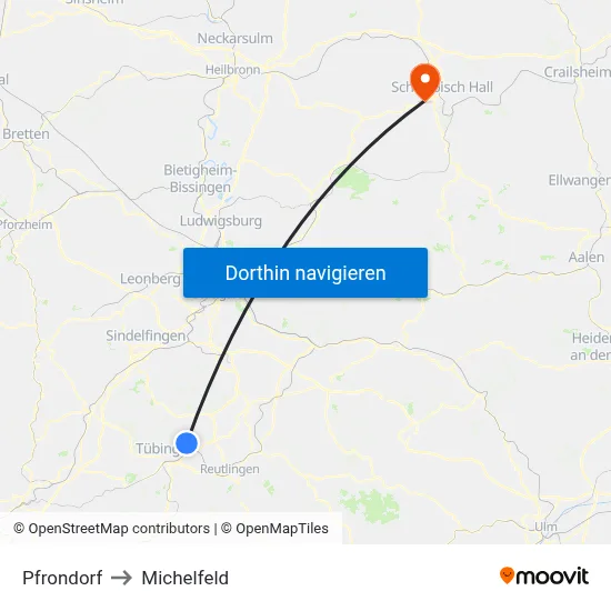Pfrondorf to Michelfeld map