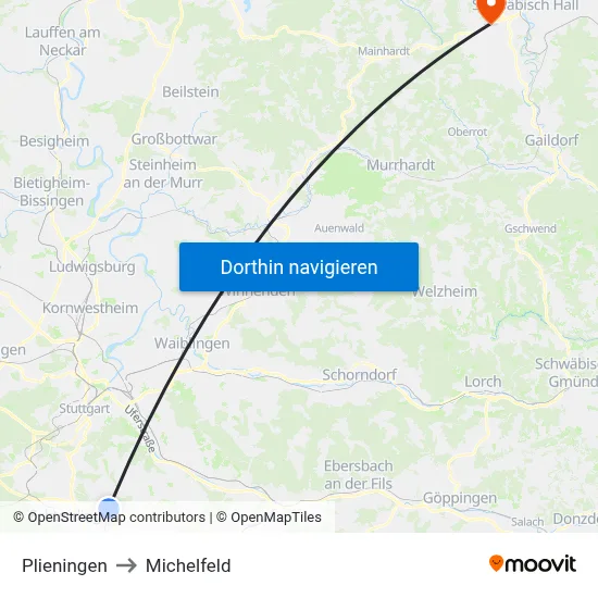 Plieningen to Michelfeld map