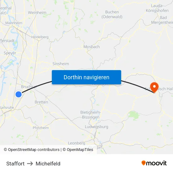 Staffort to Michelfeld map