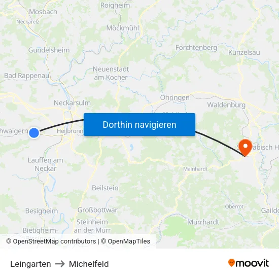 Leingarten to Michelfeld map