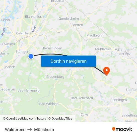 Waldbronn to Mönsheim map