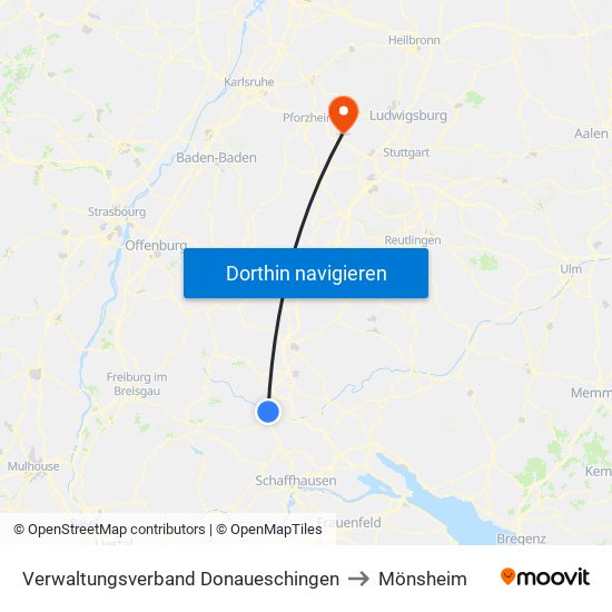 Verwaltungsverband Donaueschingen to Mönsheim map