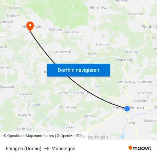 Ehingen (Donau) to Münsingen map