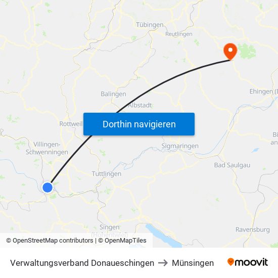 Verwaltungsverband Donaueschingen to Münsingen map