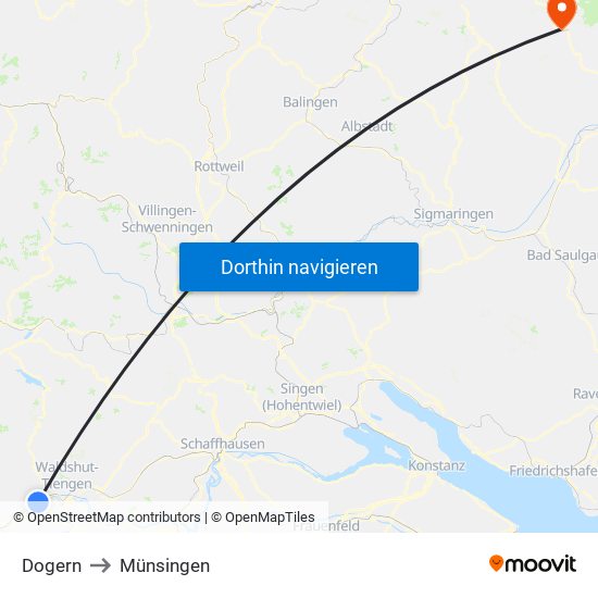 Dogern to Münsingen map