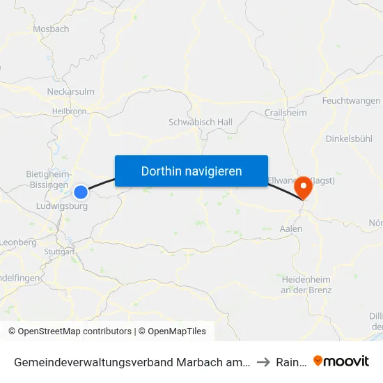 Gemeindeverwaltungsverband Marbach am Neckar to Rainau map