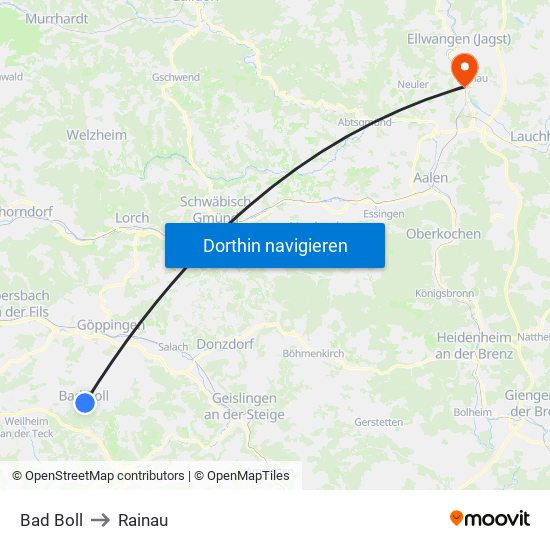 Bad Boll to Rainau map