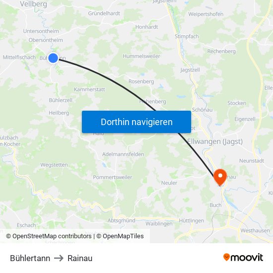Bühlertann to Rainau map