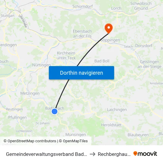 Gemeindeverwaltungsverband Bad Urach to Rechberghausen map