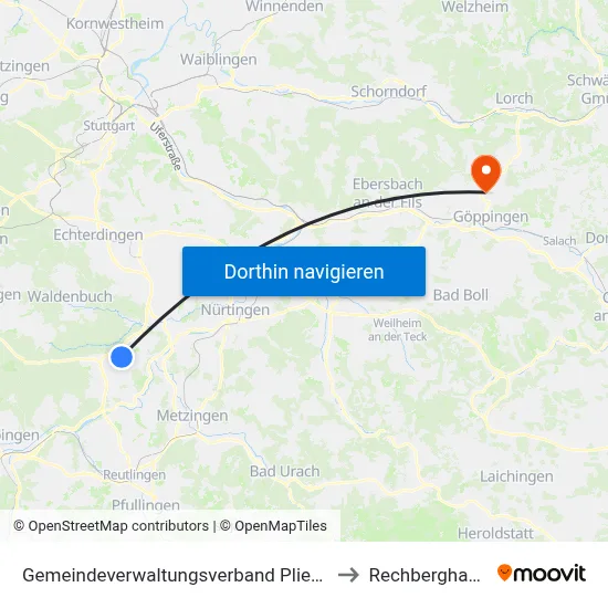 Gemeindeverwaltungsverband Pliezhausen to Rechberghausen map