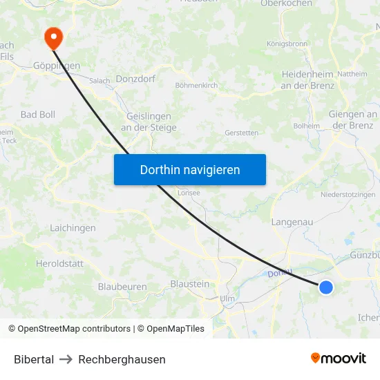 Bibertal to Rechberghausen map