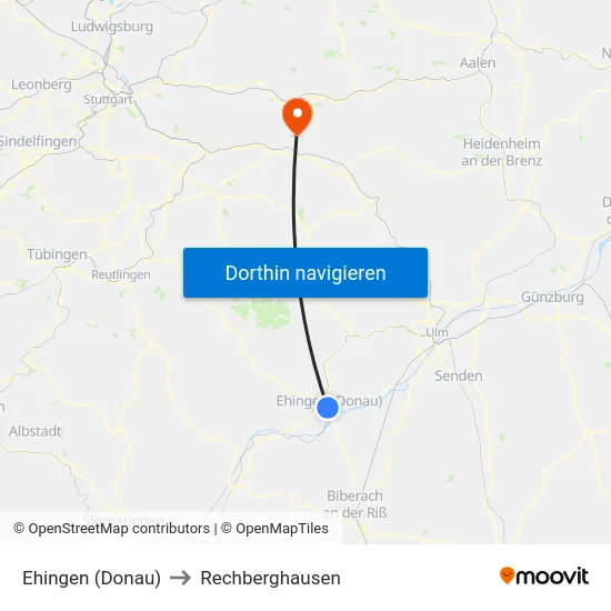 Ehingen (Donau) to Rechberghausen map
