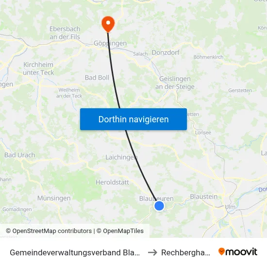 Gemeindeverwaltungsverband Blaubeuren to Rechberghausen map