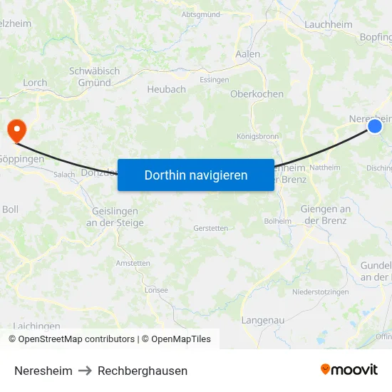 Neresheim to Rechberghausen map