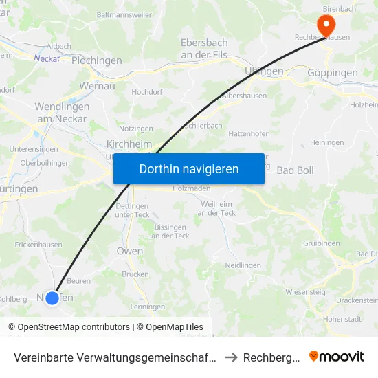 Vereinbarte Verwaltungsgemeinschaft Der Stadt Neuffen to Rechberghausen map