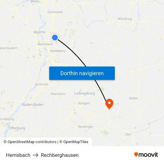 Hemsbach to Rechberghausen map