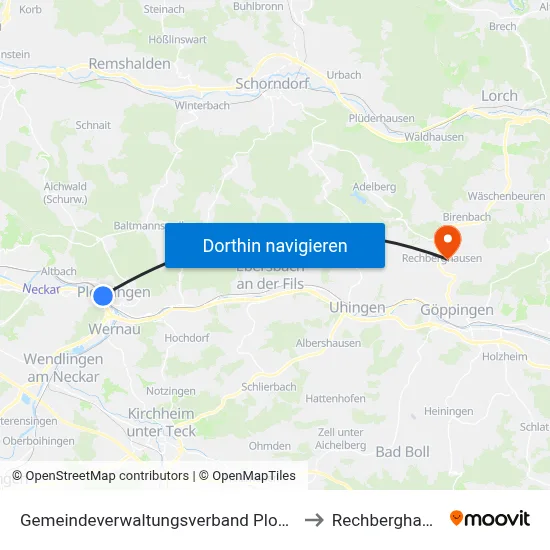 Gemeindeverwaltungsverband Plochingen to Rechberghausen map