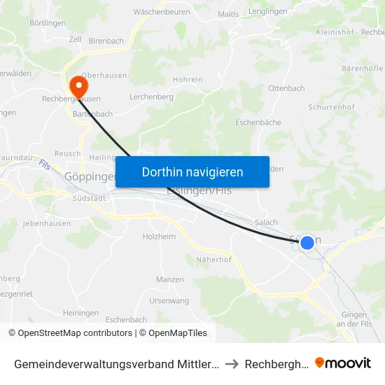 Gemeindeverwaltungsverband Mittleres Fils-Lautertal to Rechberghausen map