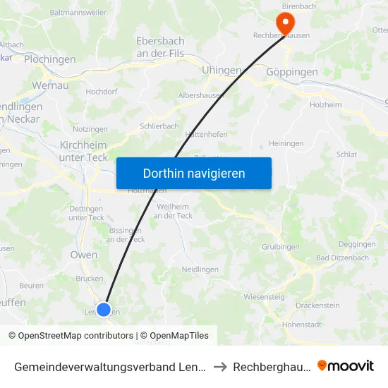 Gemeindeverwaltungsverband Lenningen to Rechberghausen map