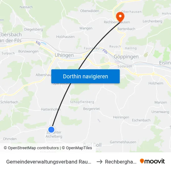 Gemeindeverwaltungsverband Raum Bad Boll to Rechberghausen map