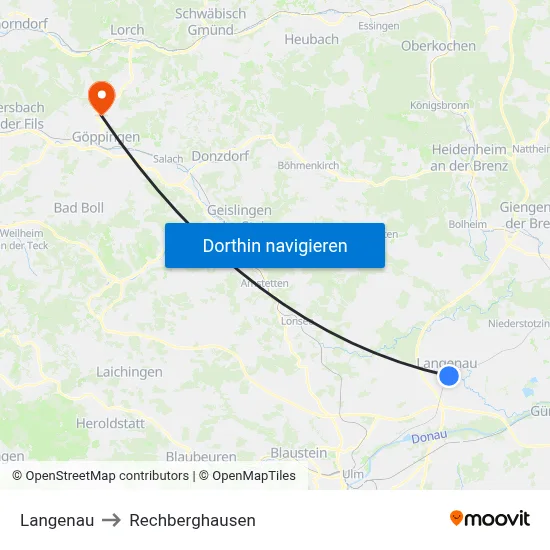 Langenau to Rechberghausen map