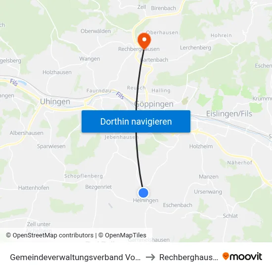 Gemeindeverwaltungsverband Voralb to Rechberghausen map