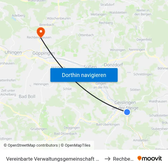 Vereinbarte Verwaltungsgemeinschaft Der Stadt Geislingen An Der Steige to Rechberghausen map