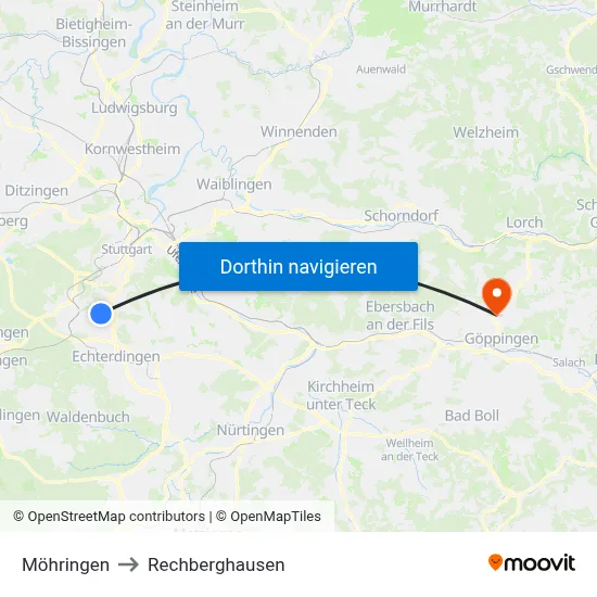 Möhringen to Rechberghausen map