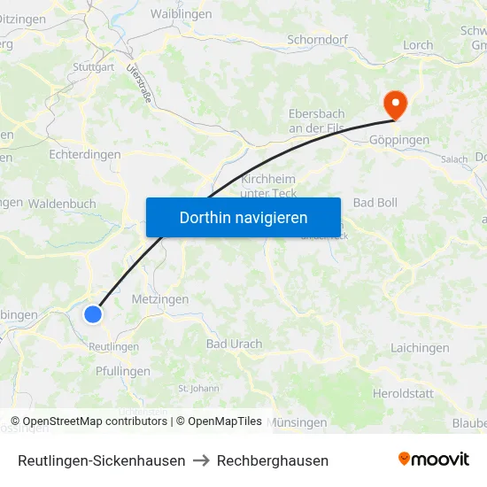 Reutlingen-Sickenhausen to Rechberghausen map