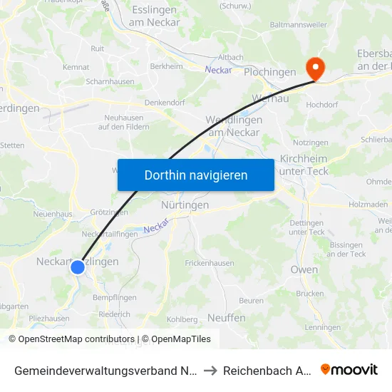 Gemeindeverwaltungsverband Neckartenzlingen to Reichenbach An Der Fils map