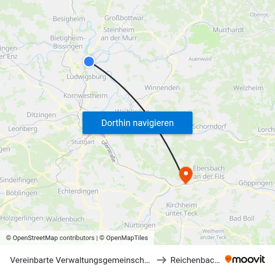 Vereinbarte Verwaltungsgemeinschaft Der Stadt Freiberg am Neckar to Reichenbach An Der Fils map