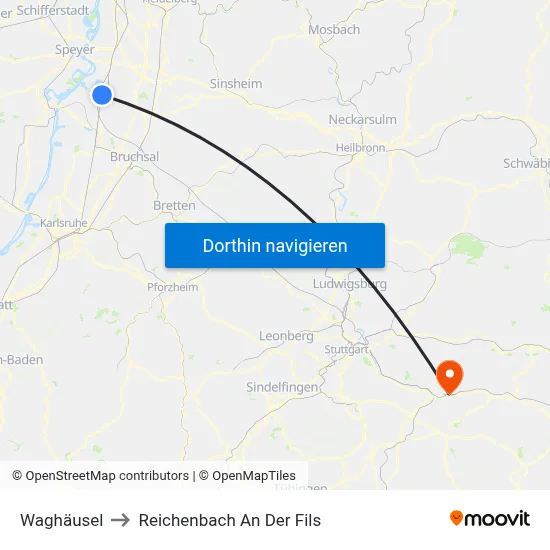 Waghäusel to Reichenbach An Der Fils map